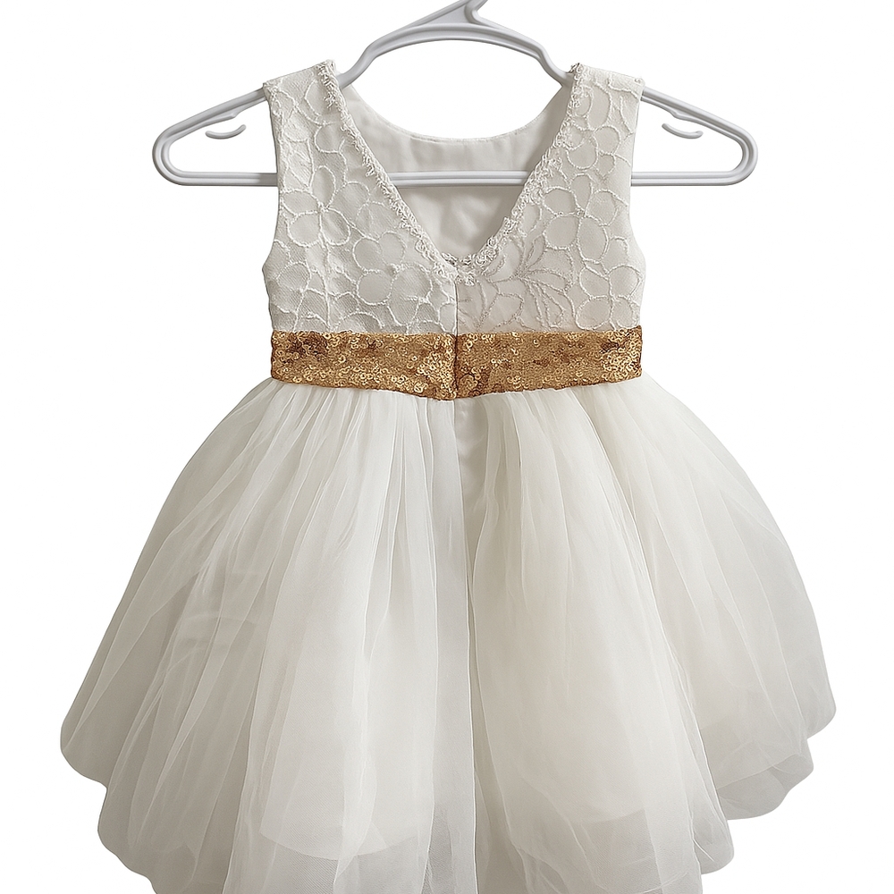 > White Baby Girl Dress – Gold Sequin Belt – Worn Once – Size [6-12]